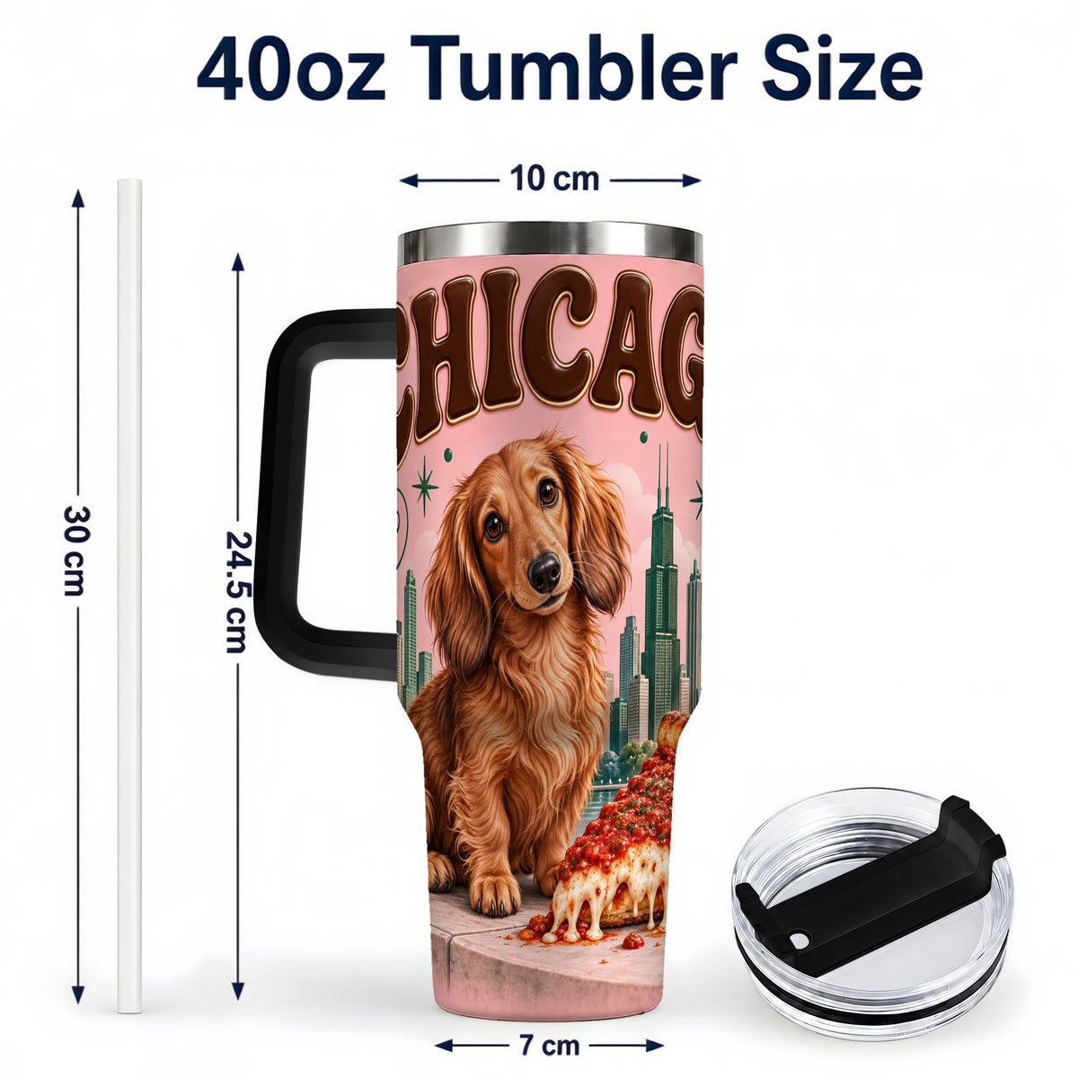 #pl[40oz|Black] Chicago Dog Pizza 40oz Tumbler with Handle, Stainless Steel Travel Cup