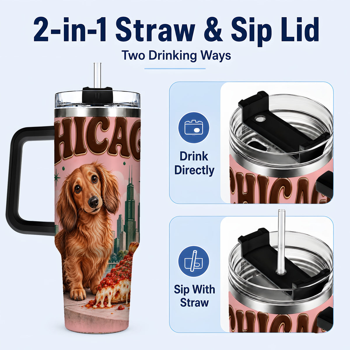 #pl[40oz|Black] Chicago Dog Pizza 40oz Tumbler with Handle, Stainless Steel Travel Cup