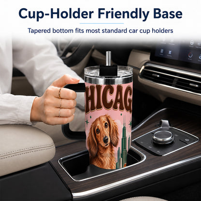 #pl[40oz|Black] Chicago Dog Pizza 40oz Tumbler with Handle, Stainless Steel Travel Cup