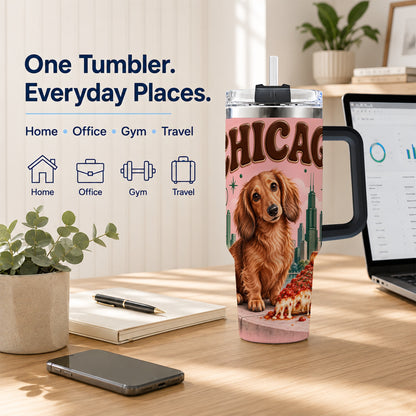 #pl[40oz|Black] Chicago Dog Pizza 40oz Tumbler with Handle, Stainless Steel Travel Cup