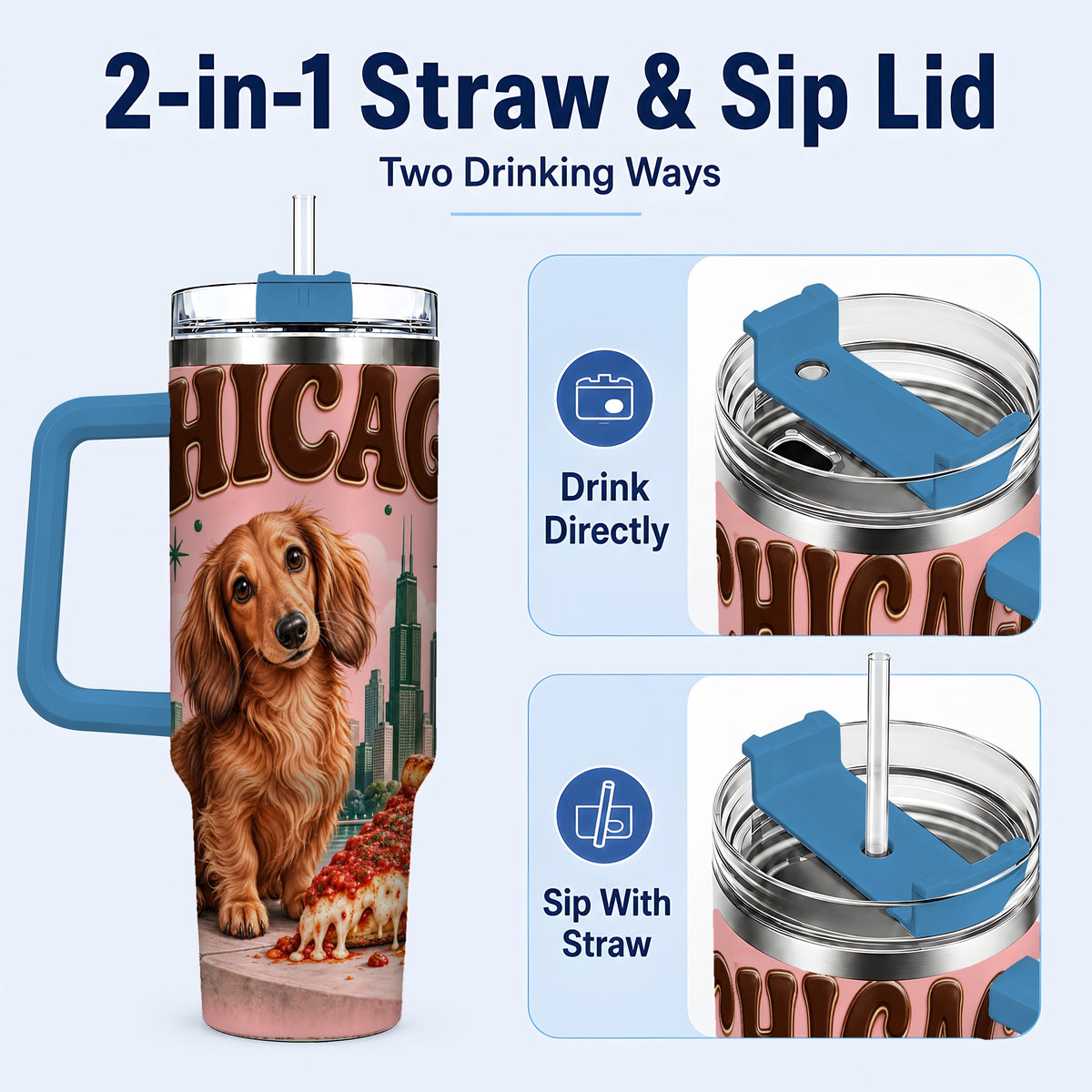#pl[40oz|Blue] Chicago Dog Pizza 40oz Tumbler with Handle, Stainless Steel Travel Cup