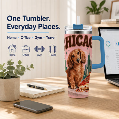 #pl[40oz|Blue] Chicago Dog Pizza 40oz Tumbler with Handle, Stainless Steel Travel Cup