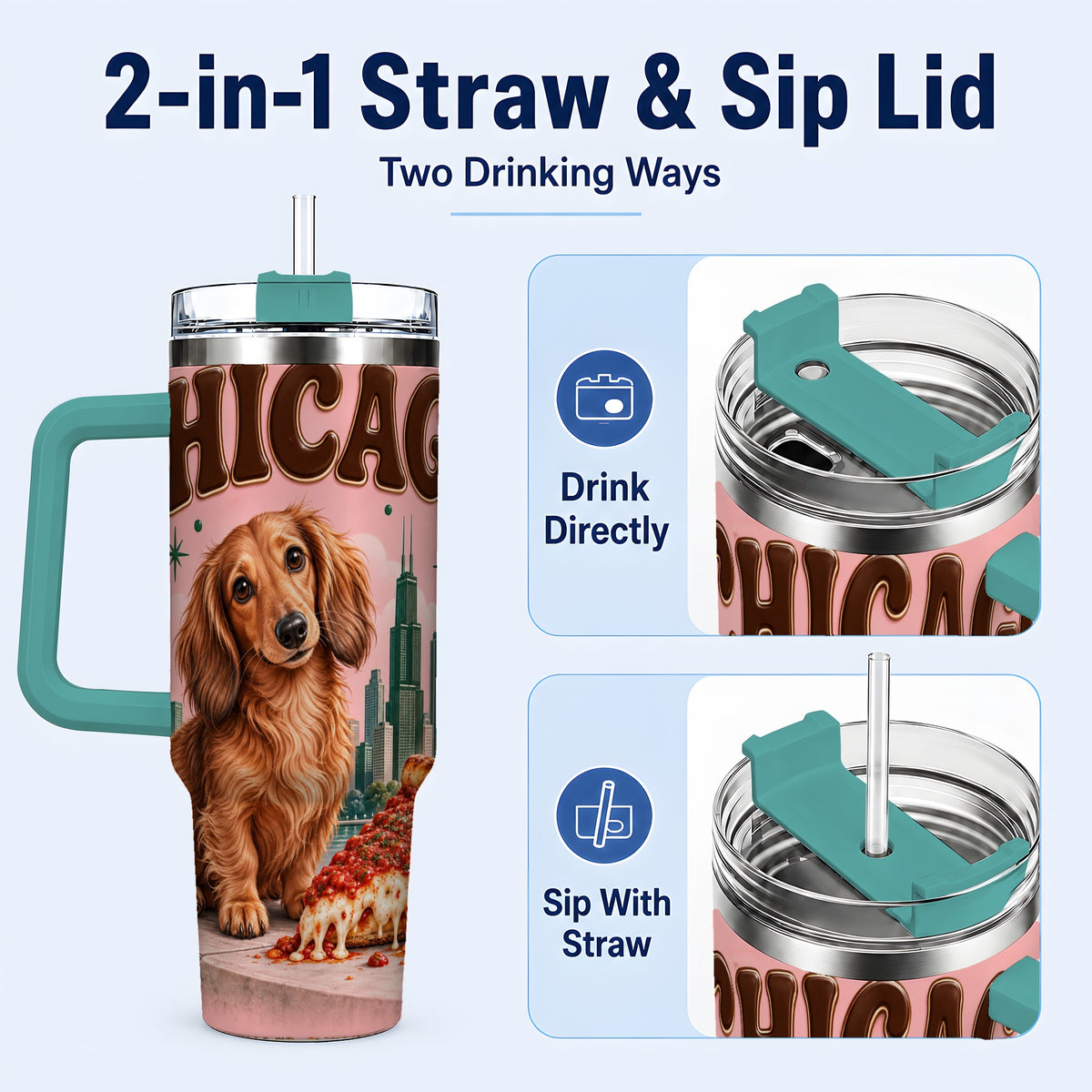 #pl[40oz|Green] Chicago Dog Pizza 40oz Tumbler with Handle, Stainless Steel Travel Cup