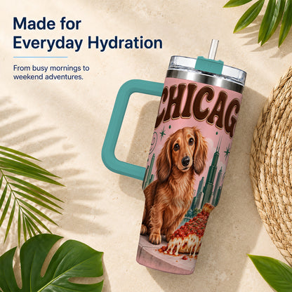 #pl[40oz|Green] Chicago Dog Pizza 40oz Tumbler with Handle, Stainless Steel Travel Cup