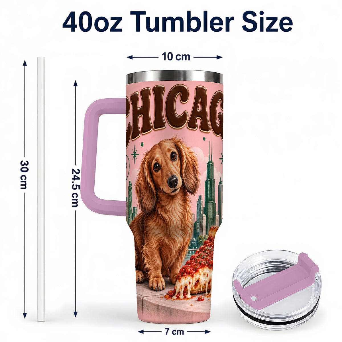 #pl[40oz|Pink] Chicago Dog Pizza 40oz Tumbler with Handle, Stainless Steel Travel Cup