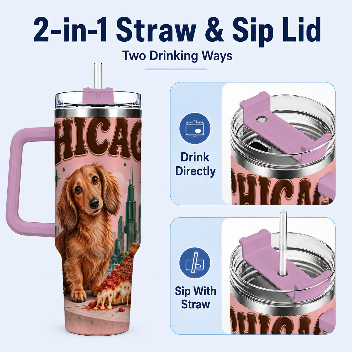#pl[40oz|Pink] Chicago Dog Pizza 40oz Tumbler with Handle, Stainless Steel Travel Cup