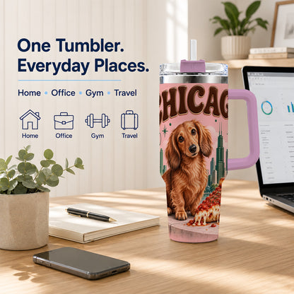#pl[40oz|Pink] Chicago Dog Pizza 40oz Tumbler with Handle, Stainless Steel Travel Cup