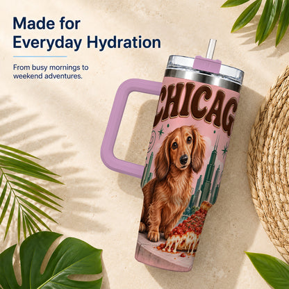 #pl[40oz|Pink] Chicago Dog Pizza 40oz Tumbler with Handle, Stainless Steel Travel Cup