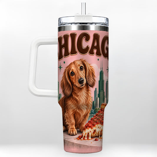 Chicago Dog Pizza 40oz Tumbler with Handle, Stainless Steel Travel Cup