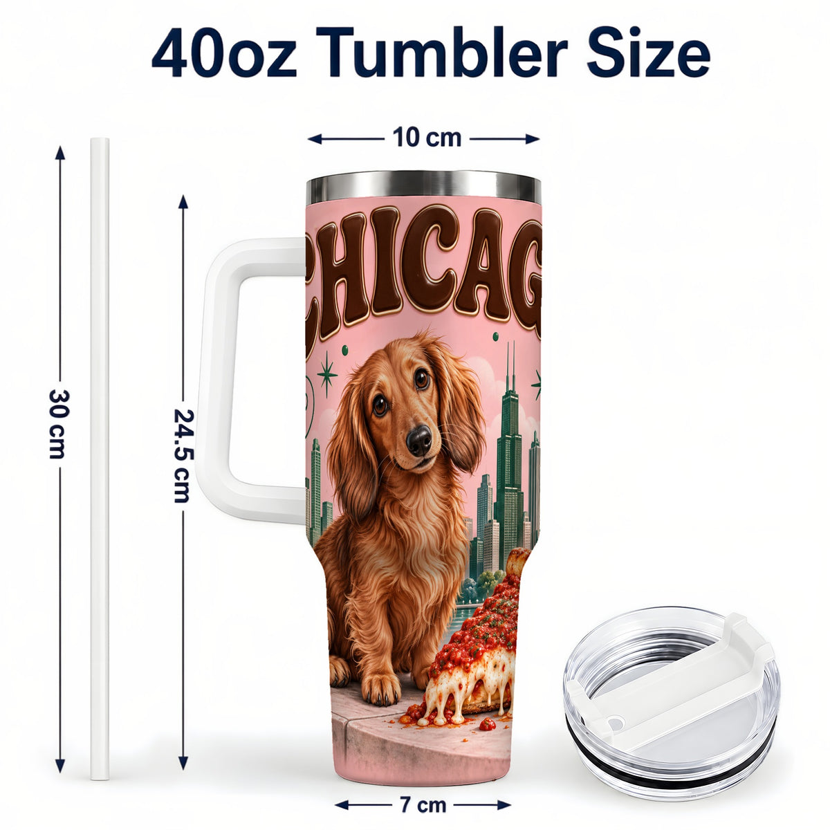 #pl[40oz|White] Chicago Dog Pizza 40oz Tumbler with Handle, Stainless Steel Travel Cup