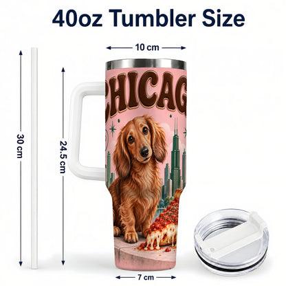 #pl[40oz|White] Chicago Dog Pizza 40oz Tumbler with Handle, Stainless Steel Travel Cup
