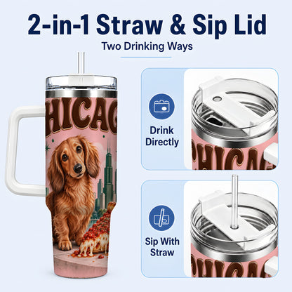 #pl[40oz|White] Chicago Dog Pizza 40oz Tumbler with Handle, Stainless Steel Travel Cup