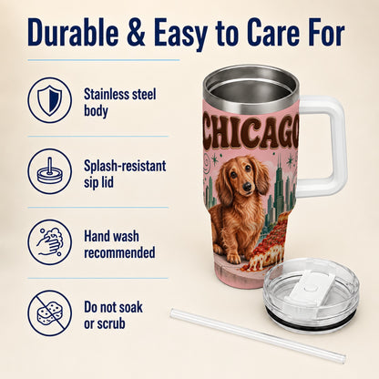 #pl[40oz|White] Chicago Dog Pizza 40oz Tumbler with Handle, Stainless Steel Travel Cup