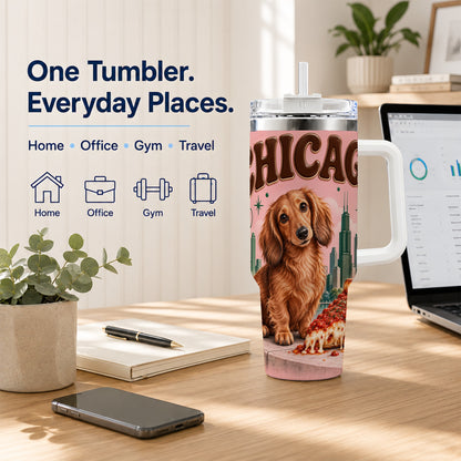 #pl[40oz|White] Chicago Dog Pizza 40oz Tumbler with Handle, Stainless Steel Travel Cup