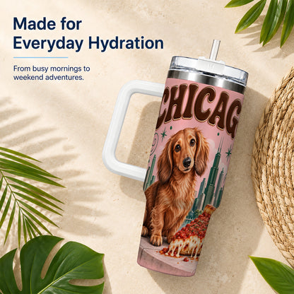 #pl[40oz|White] Chicago Dog Pizza 40oz Tumbler with Handle, Stainless Steel Travel Cup