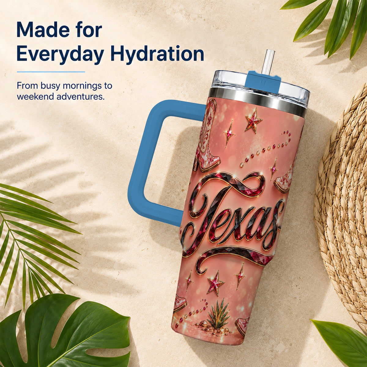 #pl[40oz|Blue] Western Cowboy Boots 40oz Tumbler with Handle, Stainless Steel Travel Cup