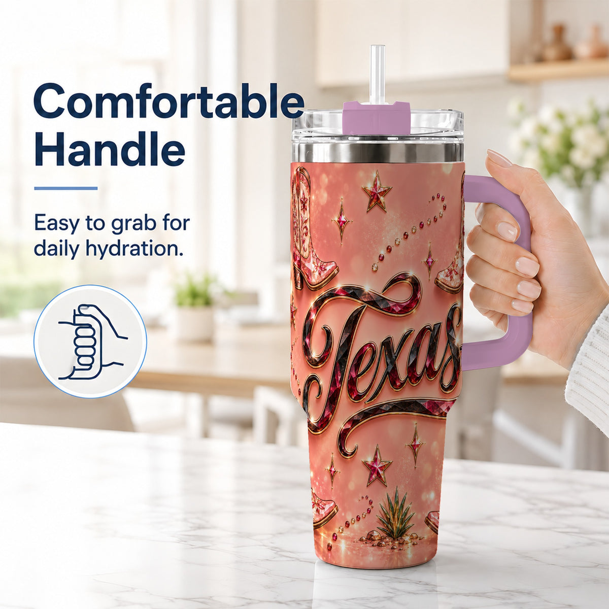 #pl[40oz|Pink] Western Cowboy Boots 40oz Tumbler with Handle, Stainless Steel Travel Cup