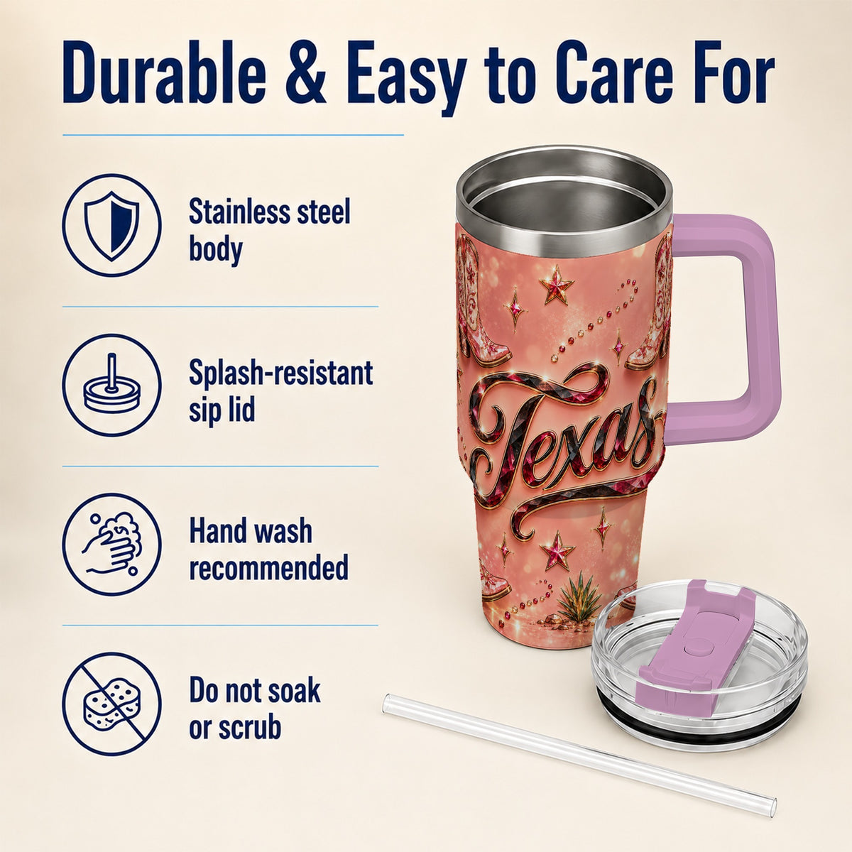 #pl[40oz|Pink] Western Cowboy Boots 40oz Tumbler with Handle, Stainless Steel Travel Cup