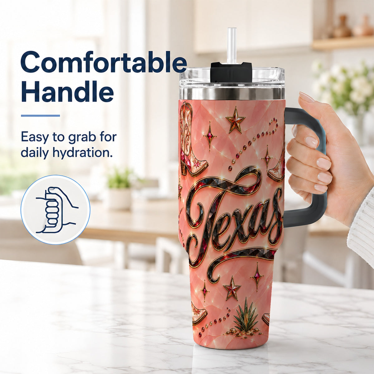 #pl[40oz|Black] Western Cowboy Boots 40oz Tumbler with Handle, Stainless Steel Travel Cup