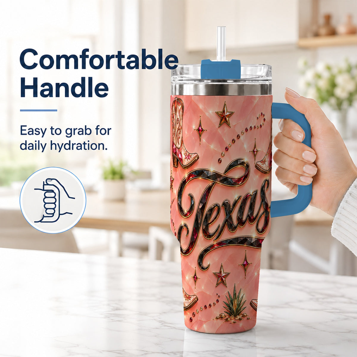 #pl[40oz|Blue] Western Cowboy Boots 40oz Tumbler with Handle, Stainless Steel Travel Cup