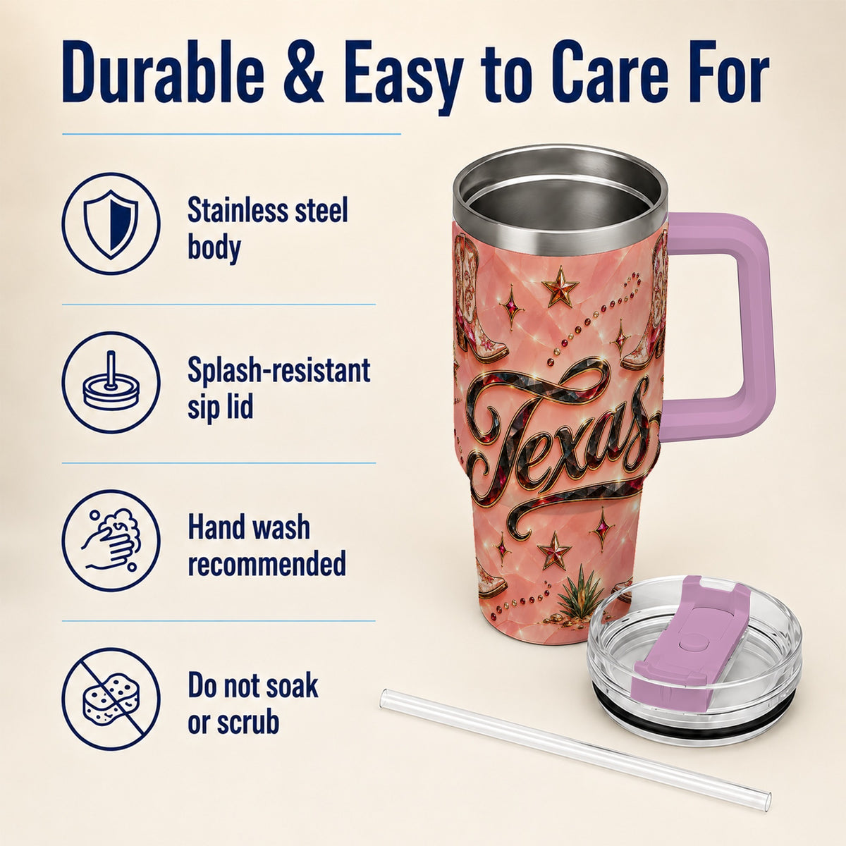 #pl[40oz|Pink] Western Cowboy Boots 40oz Tumbler with Handle, Stainless Steel Travel Cup