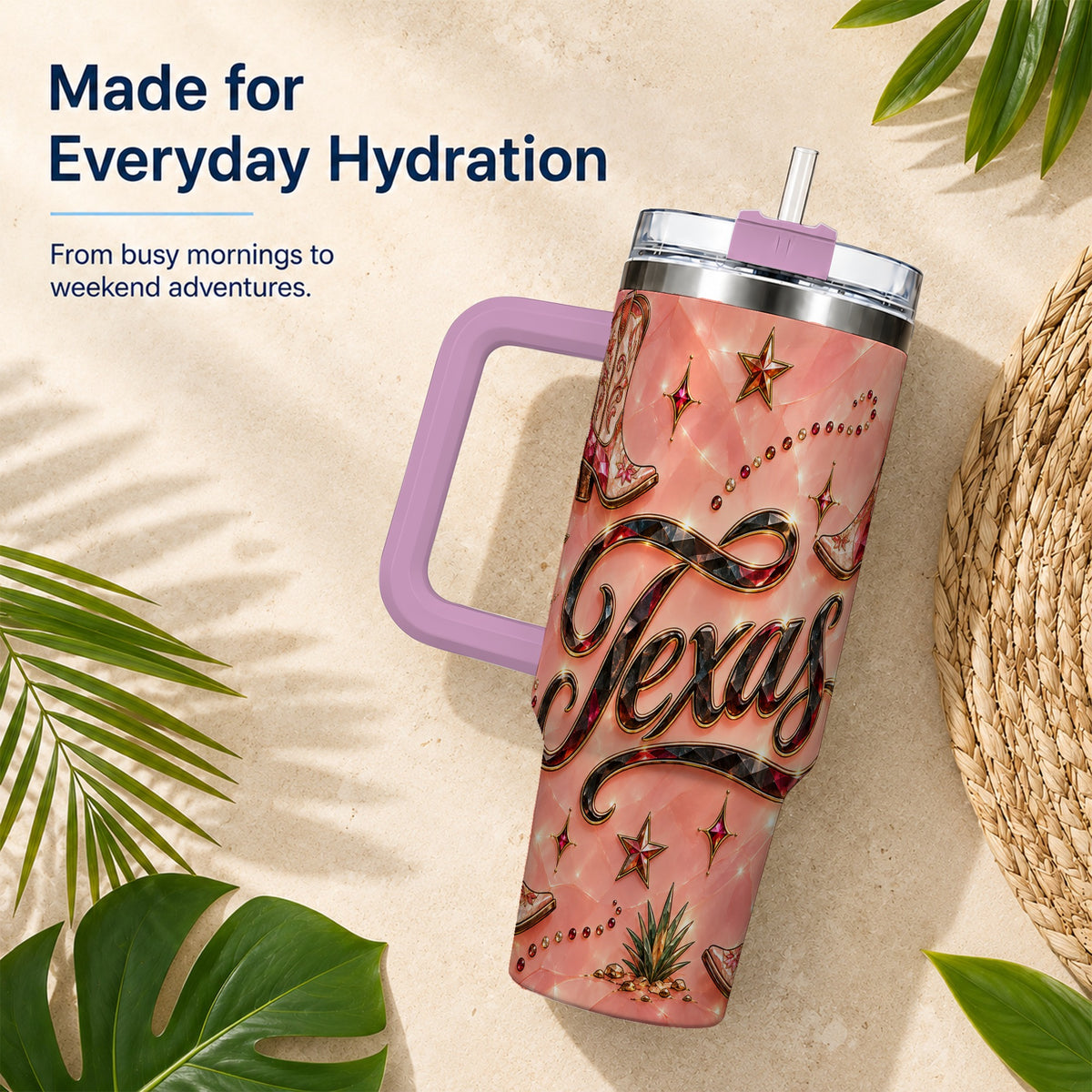 #pl[40oz|Pink] Western Cowboy Boots 40oz Tumbler with Handle, Stainless Steel Travel Cup