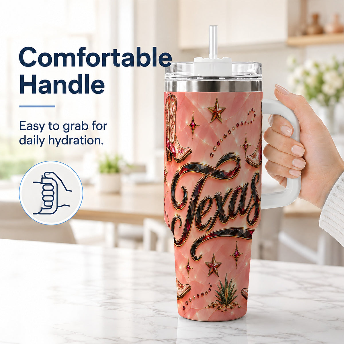 #pl[40oz|White] Western Cowboy Boots 40oz Tumbler with Handle, Stainless Steel Travel Cup