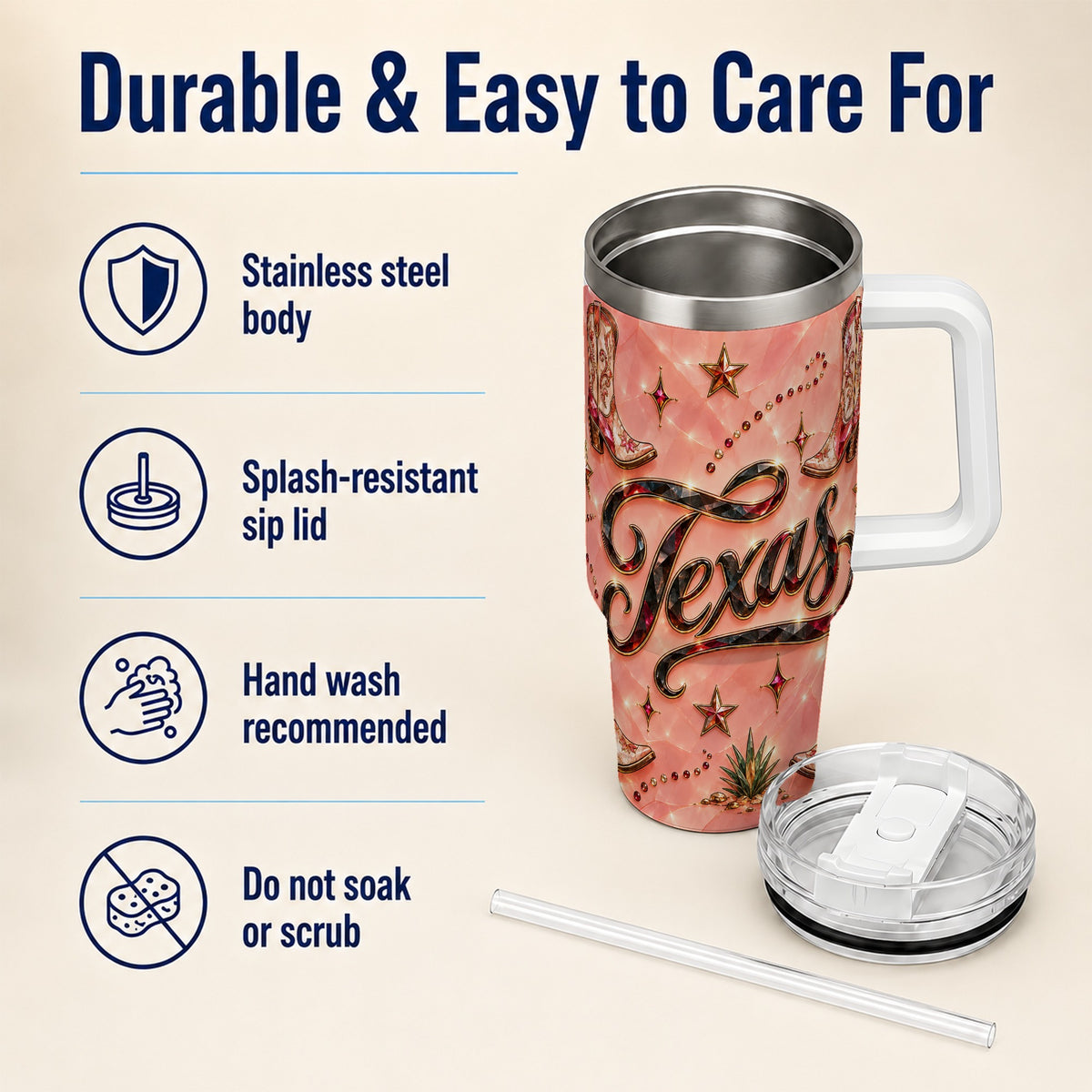 #pl[40oz|White] Western Cowboy Boots 40oz Tumbler with Handle, Stainless Steel Travel Cup