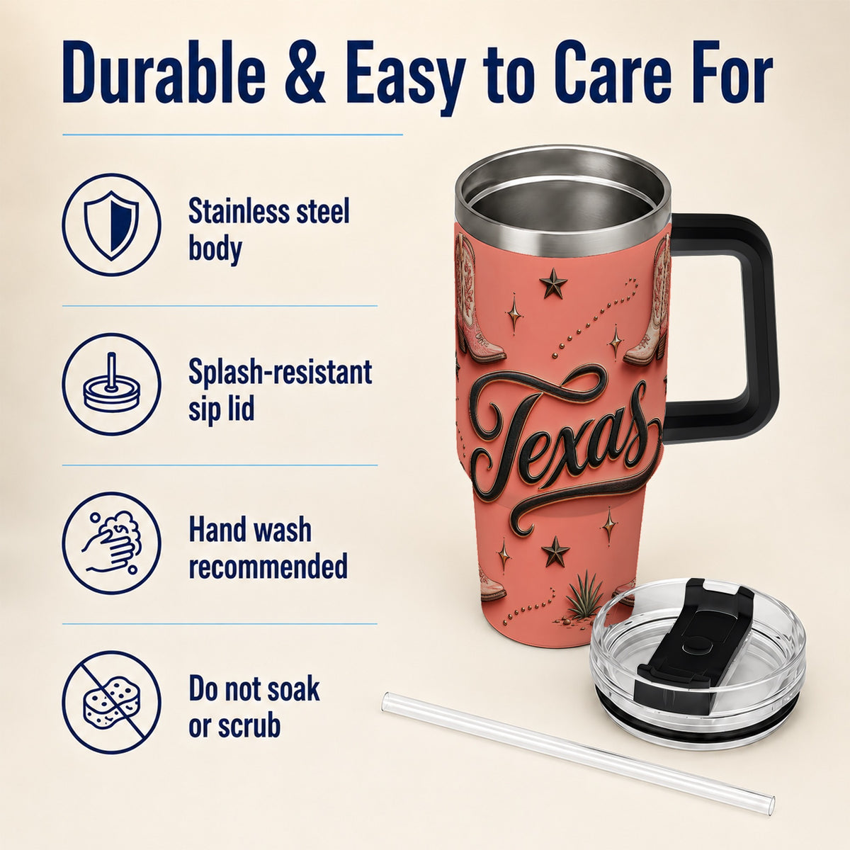 #pl[40oz|Black] Texas Boots 40oz Tumbler with Handle, Cowgirl Stainless Steel Travel Cup