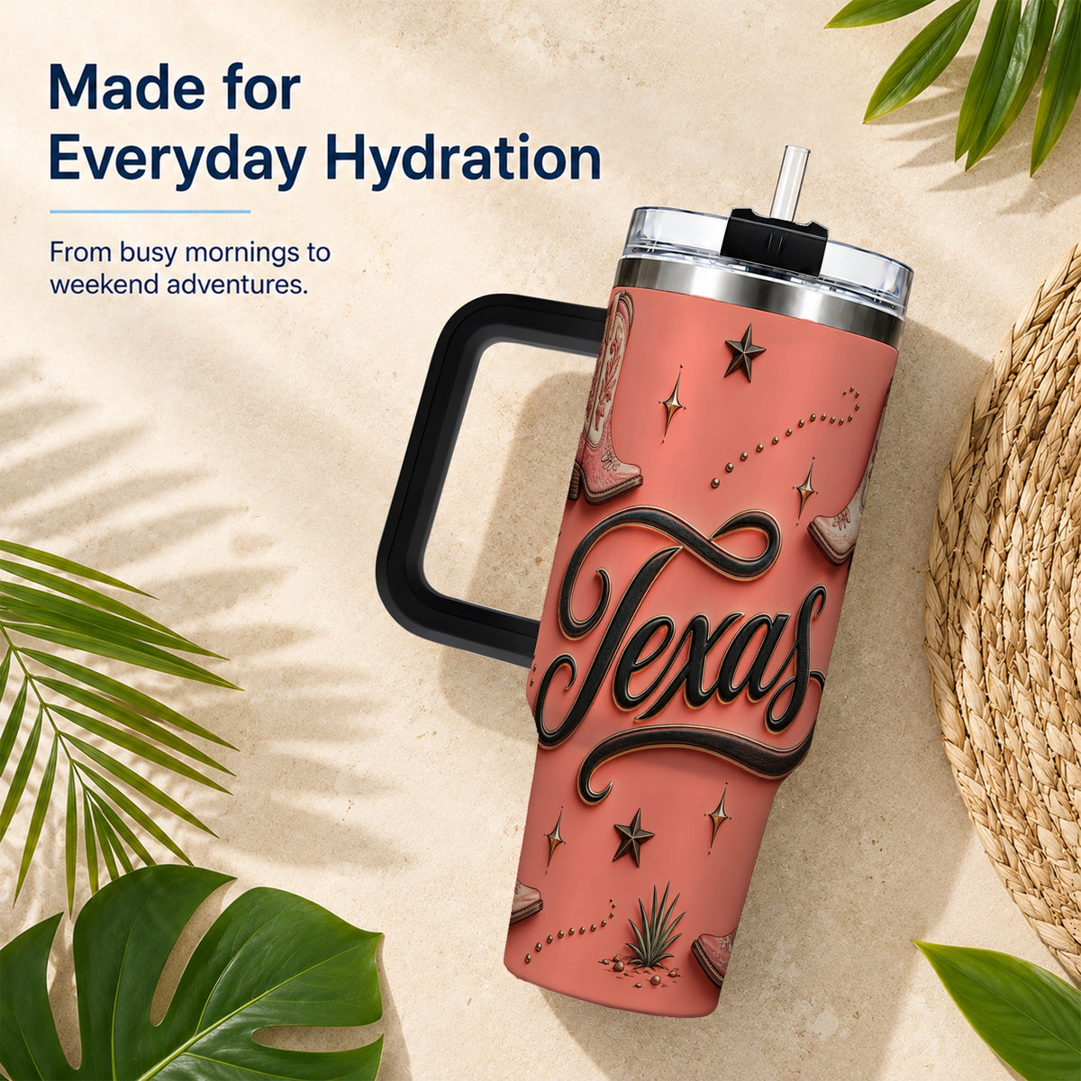 #pl[40oz|Black] Texas Boots 40oz Tumbler with Handle, Cowgirl Stainless Steel Travel Cup