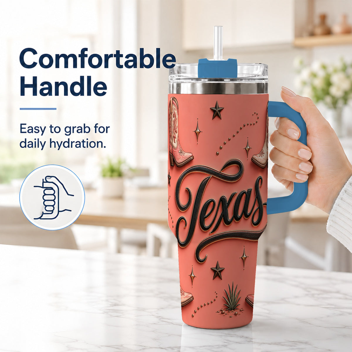 #pl[40oz|Blue] Texas Boots 40oz Tumbler with Handle, Cowgirl Stainless Steel Travel Cup