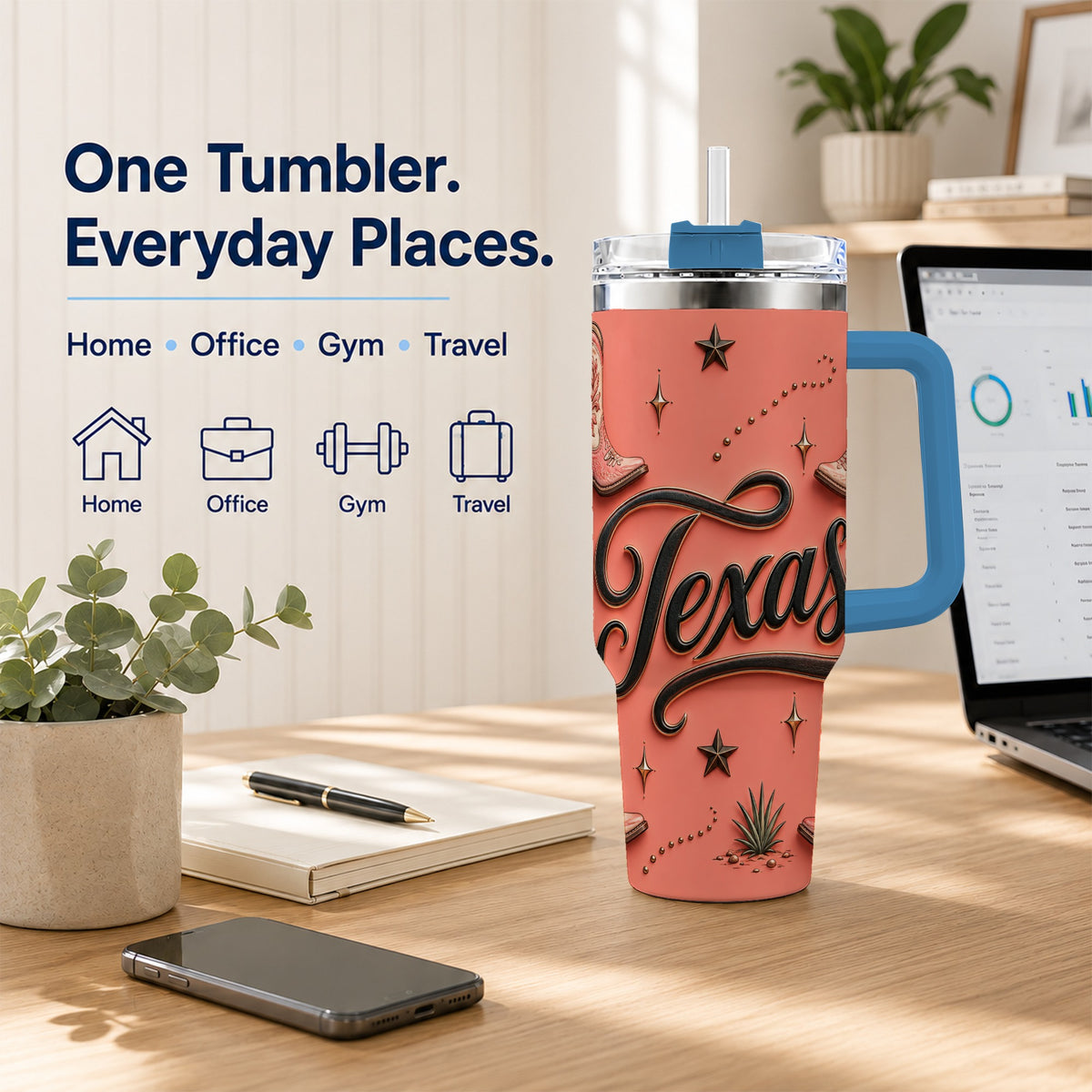 #pl[40oz|Blue] Texas Boots 40oz Tumbler with Handle, Cowgirl Stainless Steel Travel Cup