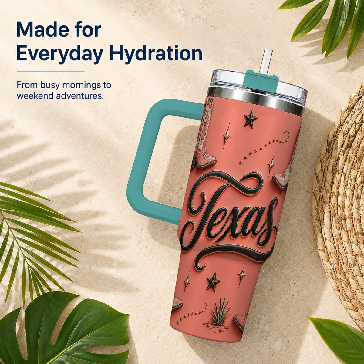 #pl[40oz|Green] Texas Boots 40oz Tumbler with Handle, Cowgirl Stainless Steel Travel Cup