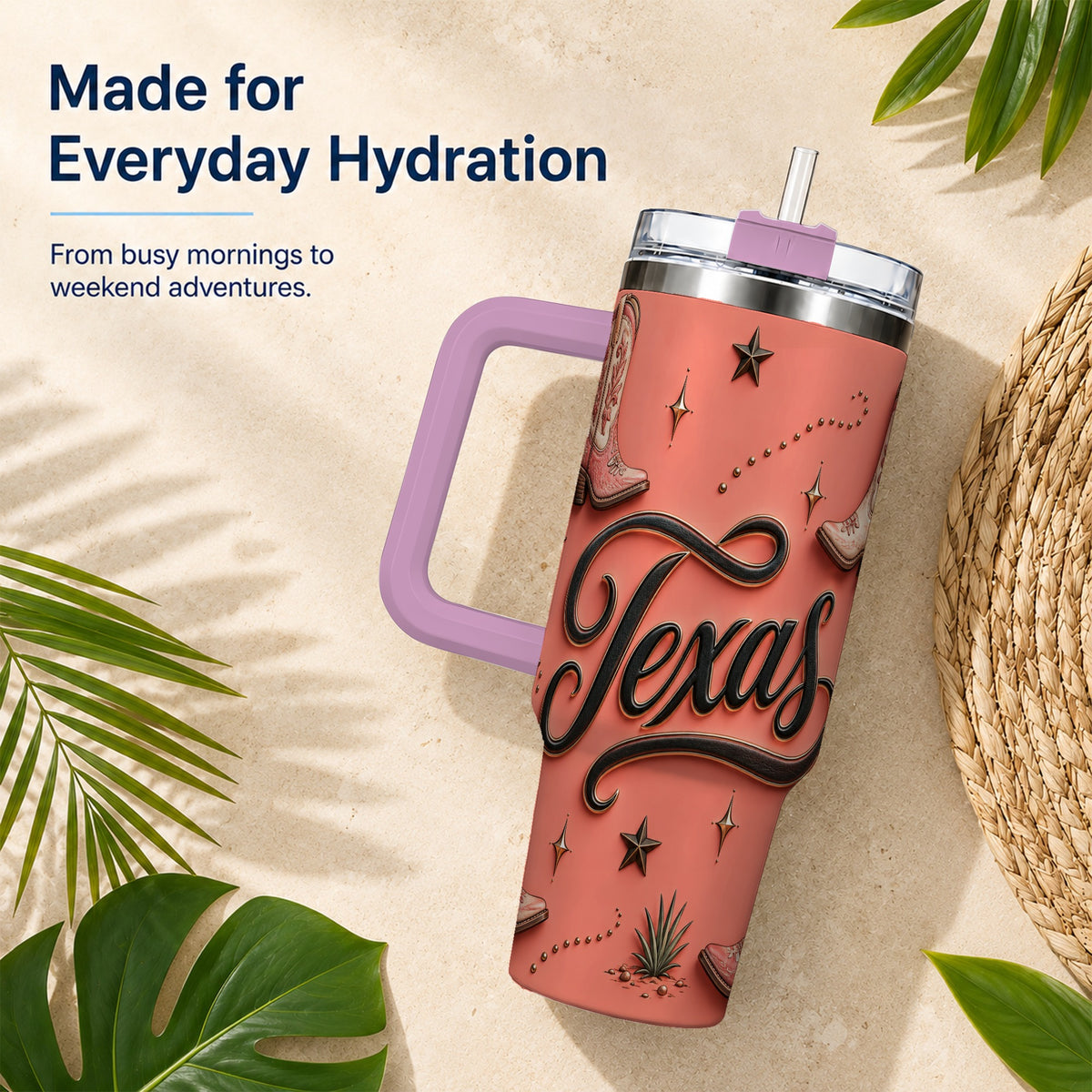 #pl[40oz|Pink] Texas Boots 40oz Tumbler with Handle, Cowgirl Stainless Steel Travel Cup