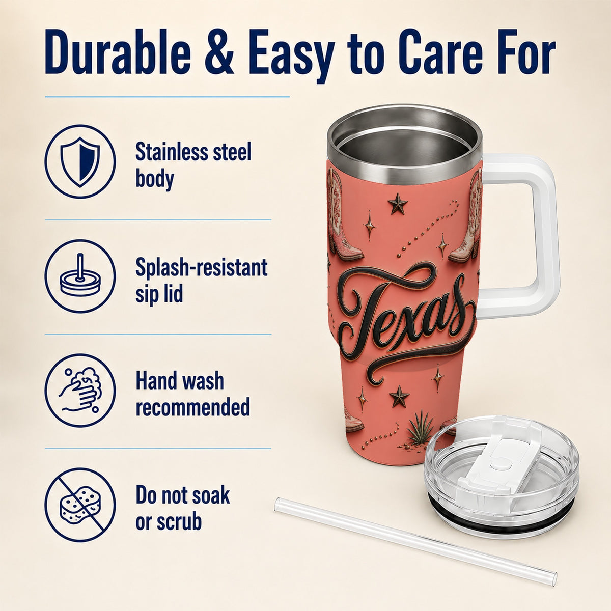 #pl[40oz|White] Texas Boots 40oz Tumbler with Handle, Cowgirl Stainless Steel Travel Cup