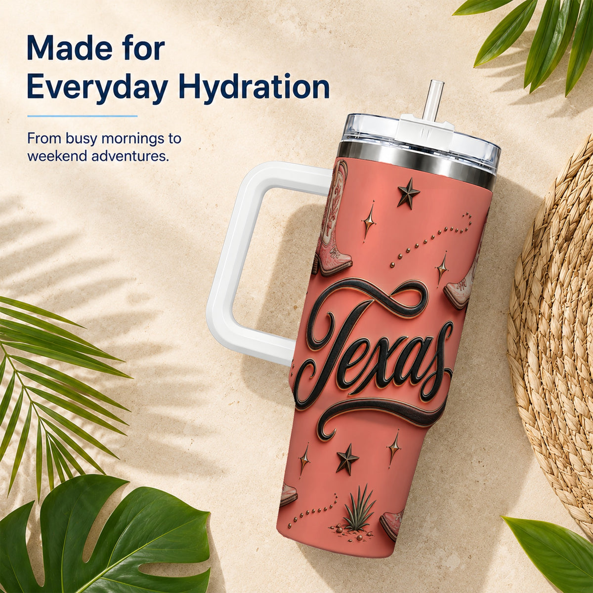 #pl[40oz|White] Texas Boots 40oz Tumbler with Handle, Cowgirl Stainless Steel Travel Cup