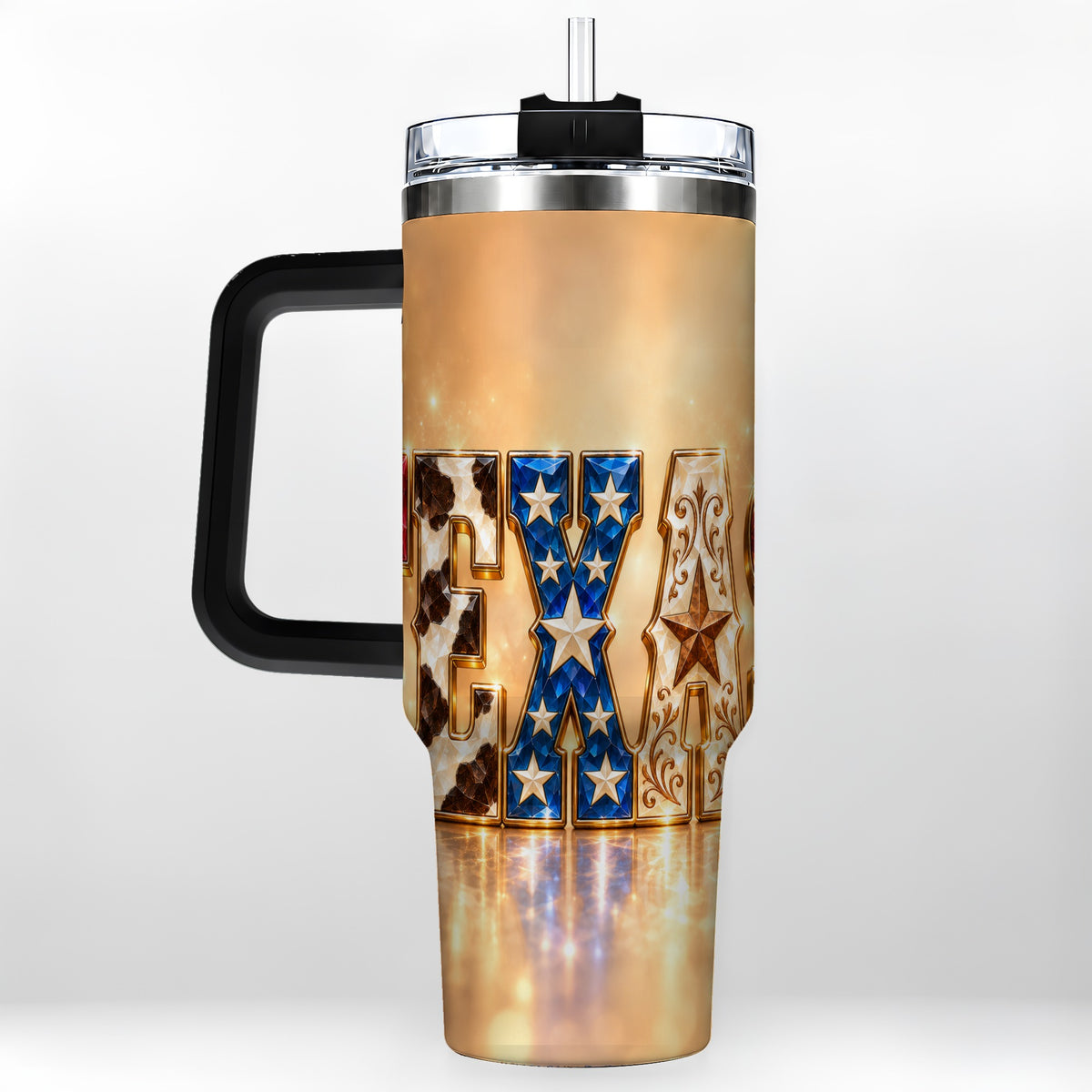 #pl[40oz|Black] Texas Jeweled 40oz Tumbler with Handle, Western Stainless Steel Travel Cup