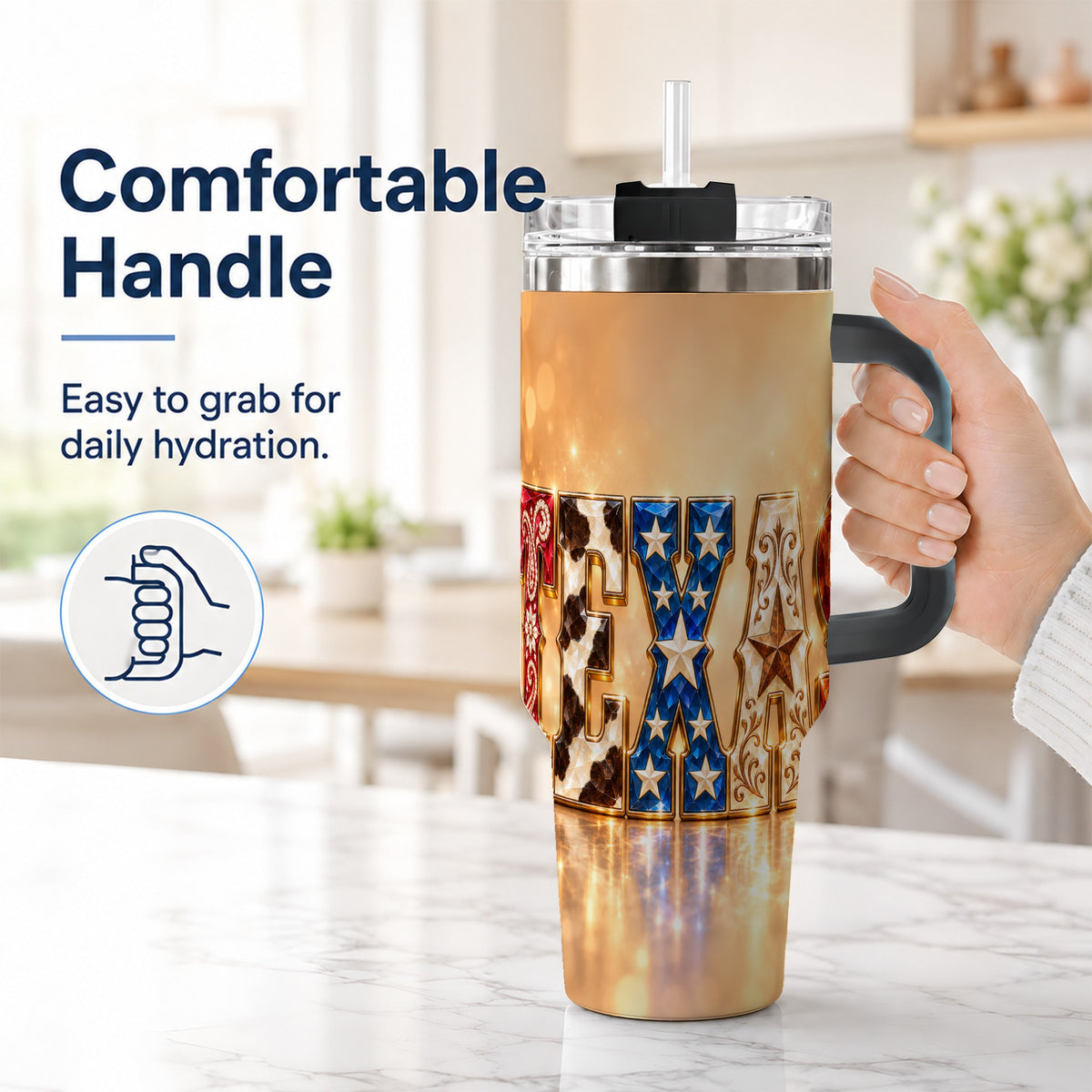 #pl[40oz|Black] Texas Jeweled 40oz Tumbler with Handle, Western Stainless Steel Travel Cup