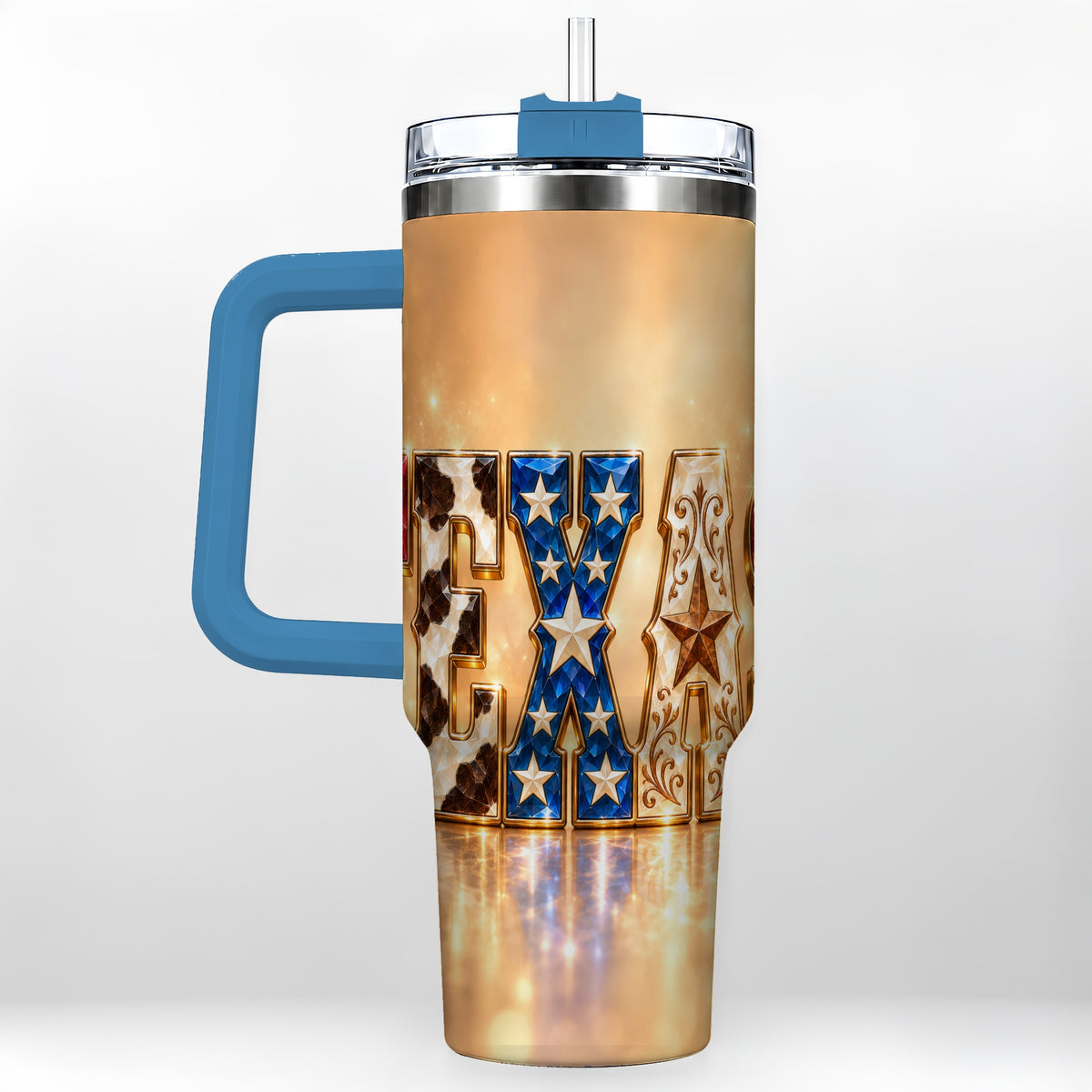 #pl[40oz|Blue] Texas Jeweled 40oz Tumbler with Handle, Western Stainless Steel Travel Cup