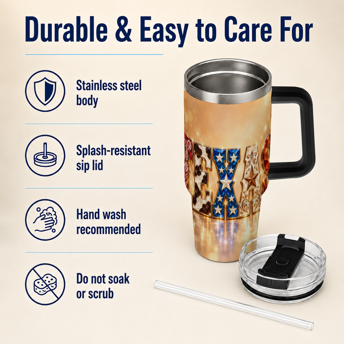 #pl[40oz|Black] Texas Jeweled 40oz Tumbler with Handle, Western Stainless Steel Travel Cup