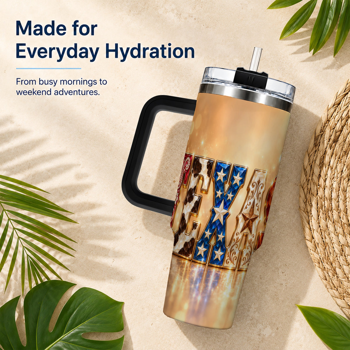 #pl[40oz|Black] Texas Jeweled 40oz Tumbler with Handle, Western Stainless Steel Travel Cup
