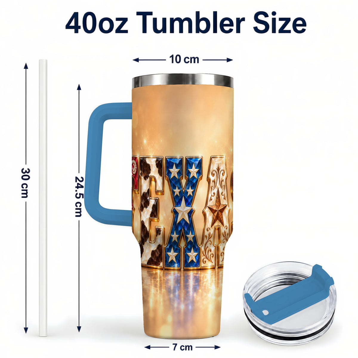 #pl[40oz|Blue] Texas Jeweled 40oz Tumbler with Handle, Western Stainless Steel Travel Cup