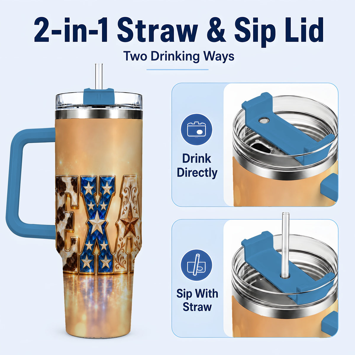 #pl[40oz|Blue] Texas Jeweled 40oz Tumbler with Handle, Western Stainless Steel Travel Cup