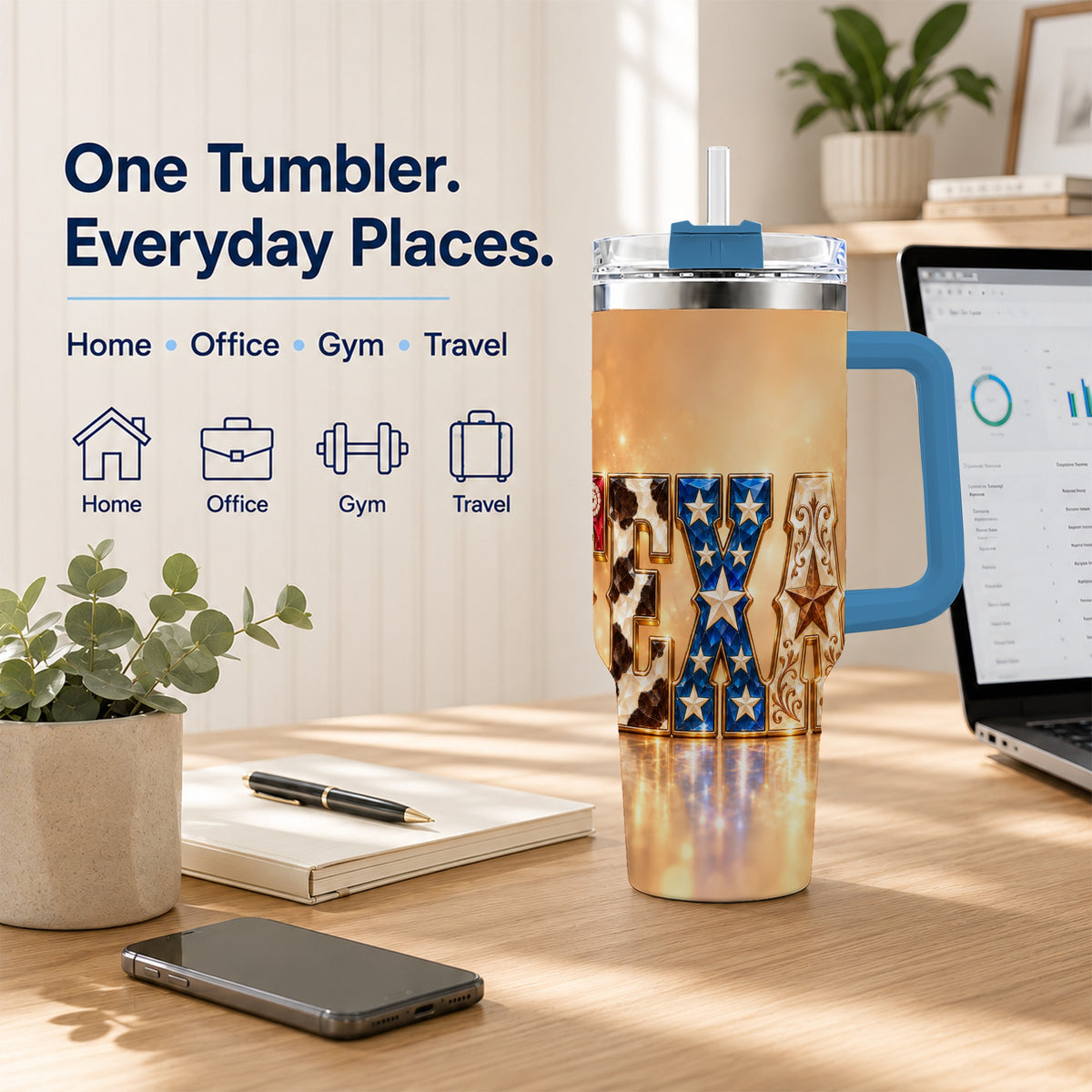 #pl[40oz|Blue] Texas Jeweled 40oz Tumbler with Handle, Western Stainless Steel Travel Cup