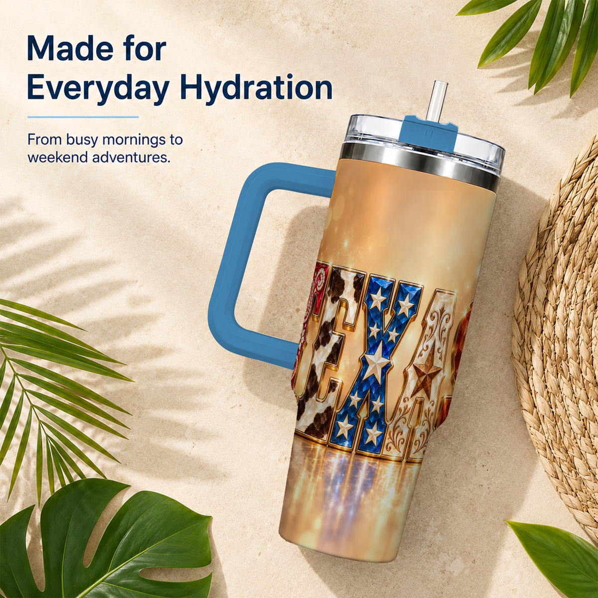 #pl[40oz|Blue] Texas Jeweled 40oz Tumbler with Handle, Western Stainless Steel Travel Cup