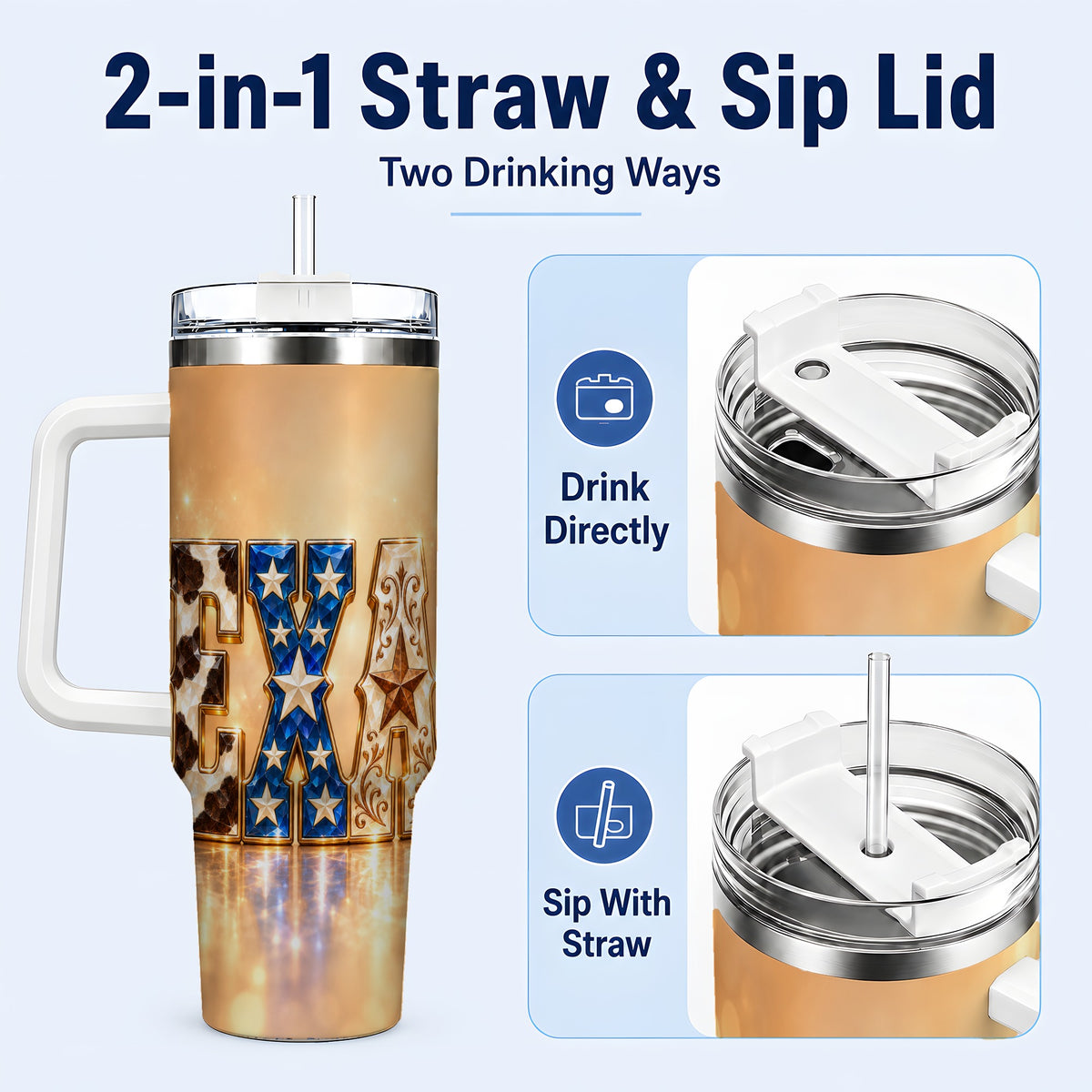 #pl[40oz|White] Texas Jeweled 40oz Tumbler with Handle, Western Stainless Steel Travel Cup