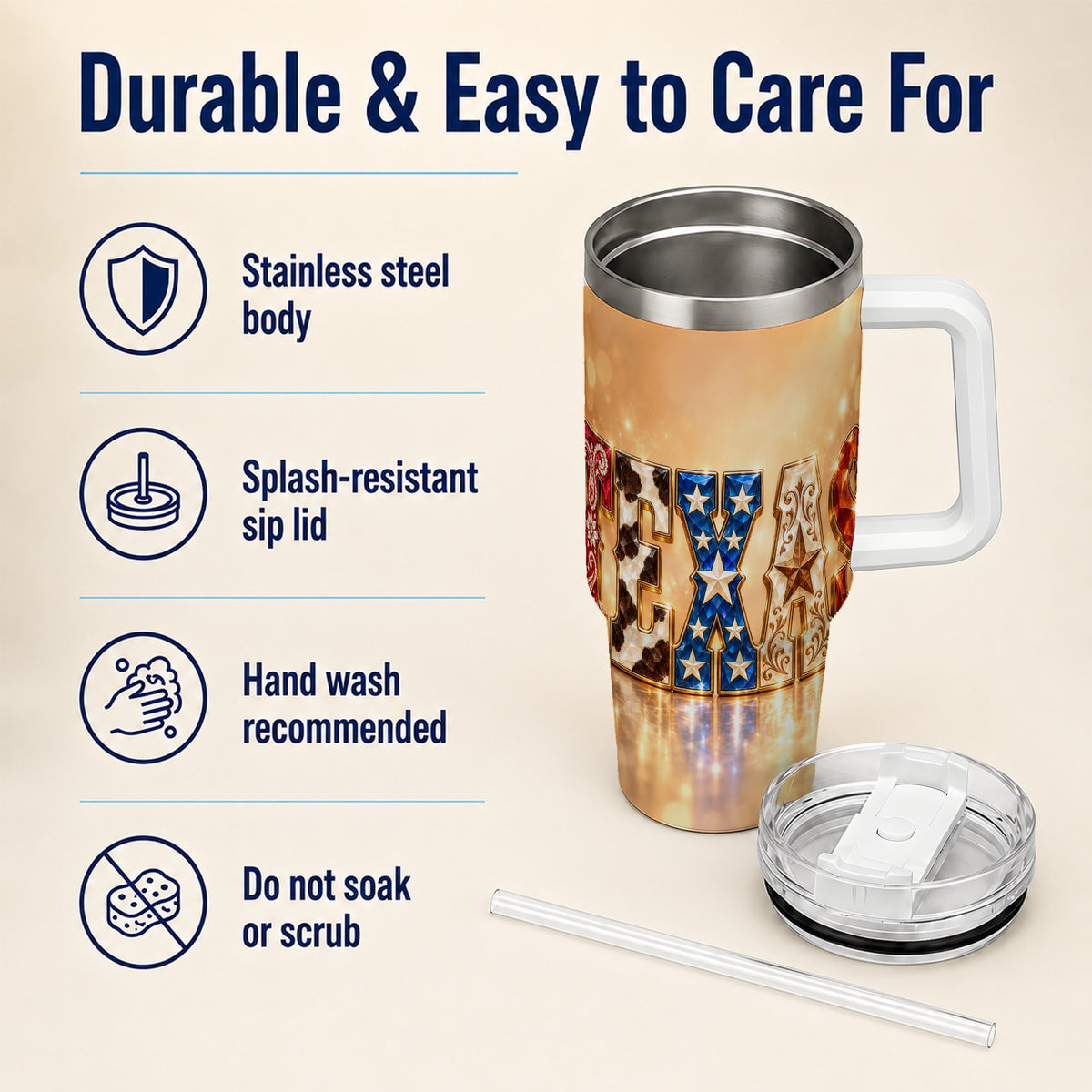 #pl[40oz|White] Texas Jeweled 40oz Tumbler with Handle, Western Stainless Steel Travel Cup