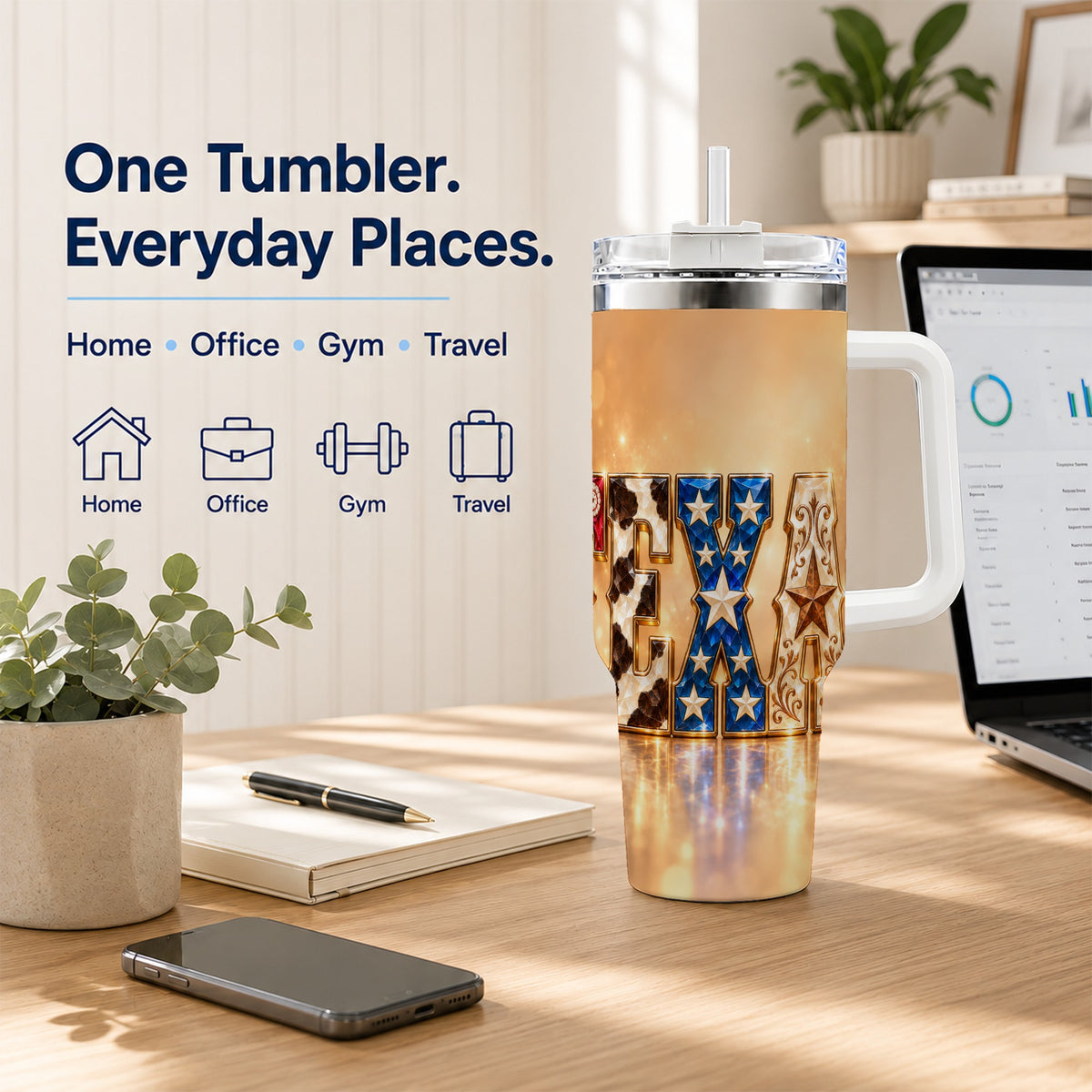 #pl[40oz|White] Texas Jeweled 40oz Tumbler with Handle, Western Stainless Steel Travel Cup