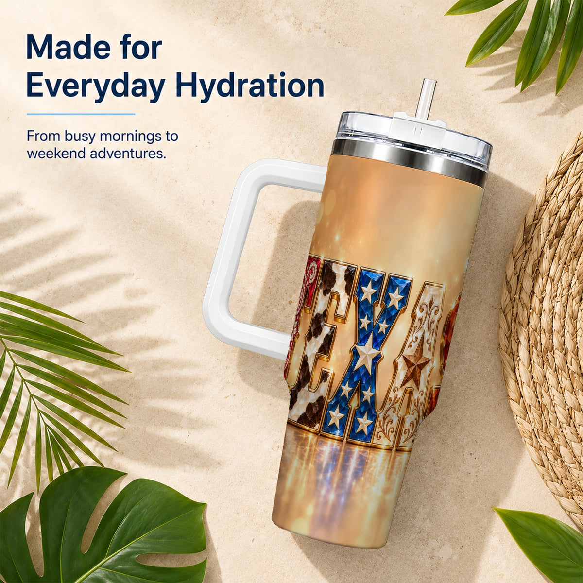 #pl[40oz|White] Texas Jeweled 40oz Tumbler with Handle, Western Stainless Steel Travel Cup