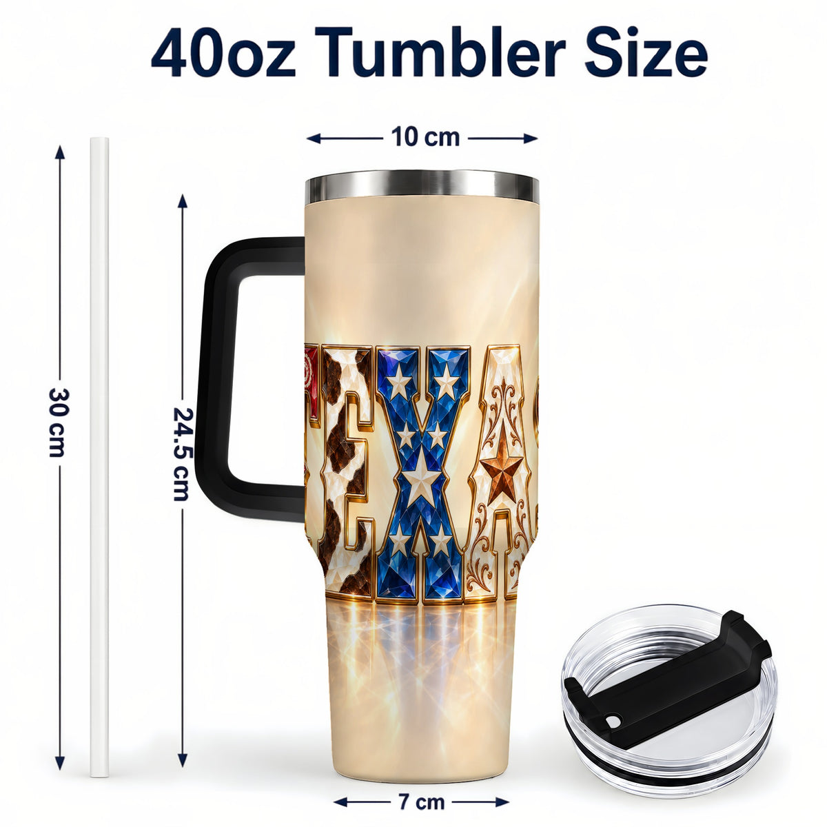 #pl[40oz|Black] Texas Stars 40oz Tumbler with Handle, Western Stainless Steel Travel Cup